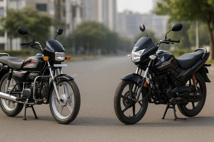 Hero Splendor Plus और Honda Shine साइड-बाय-साइड पार्क की गईं commuter मोटरसाइकिलें