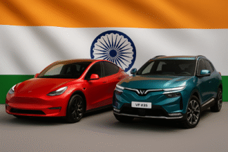 भारत में इलेक्ट्रिक कार बाजार के लिए तैयार दो आधुनिक इलेक्ट्रिक वाहन — एक Tesla VinFast EV — भारतीय ध्वज-थीम वाले बैकग्राउंड में प्रदर्शित।