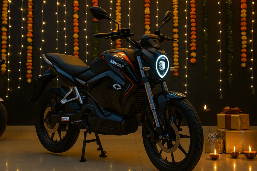 Revolt Motors Diwali offer:RV400 इलेक्ट्रिक बाइक दिवाली 2025 ऑफर के तहत शो रूम में प्रदर्शित, चारों ओर लाइटिंग और उत्सव का माहौल।"