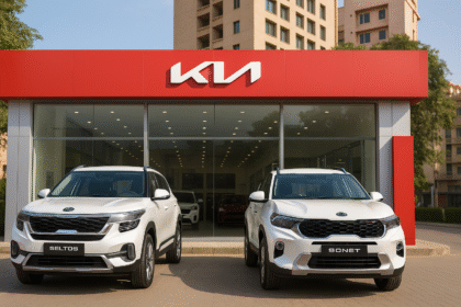 Kia extended warranty:भारत में एक Kia कार शोरूम के बाहर नई Kia Seltos और Sonet मॉडल्स खड़ी हैं, पीछे भारतीय शहर की सड़क और धूप वाला दिन दिखाई दे रहा है।