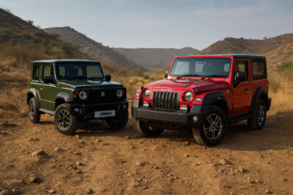 ऑफ-रोड ट्रैक पर चलती हुई दो एसयूवी — एक Maruti Suzuki Jimny और दूसरी Mahindra Thar, दोनों पहाड़ी रास्तों पर धूल उड़ाते हुए दमदार प्रदर्शन दिखा रही हैं, जो “Jimny vs Thar” ऑफ-रोड तुलना को दर्शाती है।