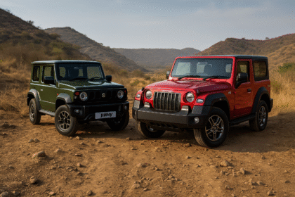 ऑफ-रोड ट्रैक पर चलती हुई दो एसयूवी — एक Maruti Suzuki Jimny और दूसरी Mahindra Thar, दोनों पहाड़ी रास्तों पर धूल उड़ाते हुए दमदार प्रदर्शन दिखा रही हैं, जो “Jimny vs Thar” ऑफ-रोड तुलना को दर्शाती है।