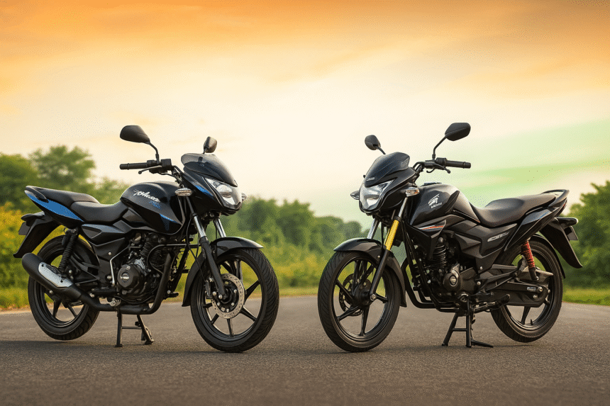 Bajaj Pulsar 125 vs Honda SP 125 बाइक्स भारतीय सड़क पर साथ खड़ी हैं, पीछे इंडियन फ्लैग थीम वाला पृष्ठभूमि दिखाई दे रहा है — दोनों बाइक्स 125cc सेगमेंट की तुलना को दर्शाती हुई।