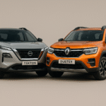 Nissan Tekton vs Renault Duster 2025 SUVs side-by-side showing front design, LED headlamps, and new body styling
