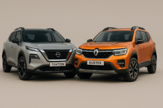 Nissan Tekton vs Renault Duster 2025 SUVs side-by-side showing front design, LED headlamps, and new body styling