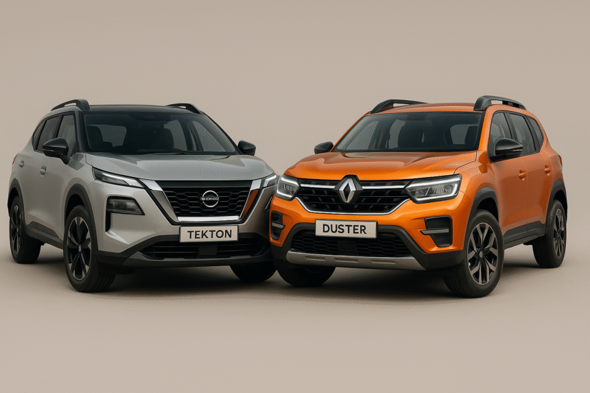 Nissan Tekton vs Renault Duster 2025 SUVs side-by-side showing front design, LED headlamps, and new body styling