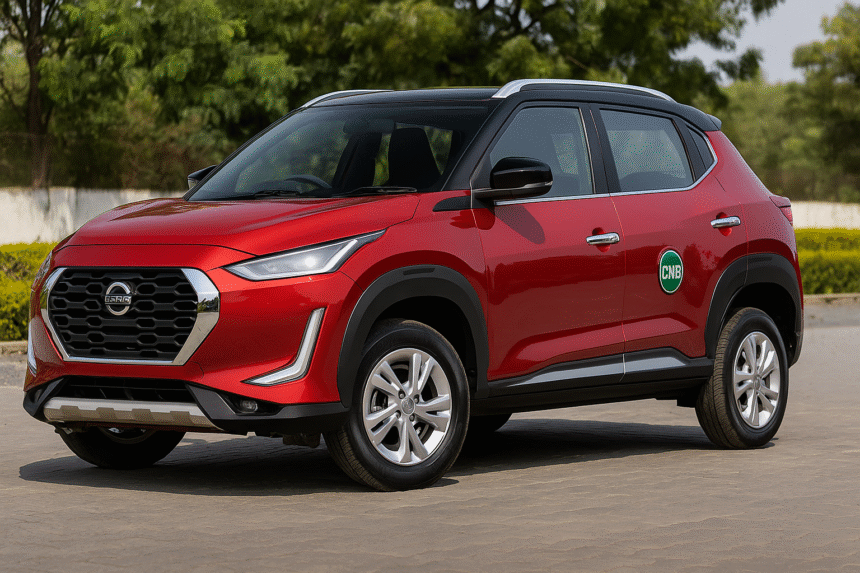 Nissan Magnite CNG with AMT variant showcased in a modern dealership environment highlighting the new factory-fitted CNG system and automatic transmission design.