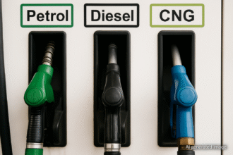 "फ्यूल स्टेशन पर तीन फ्यूल नोज़ल से पेट्रोल, डीज़ल और CNG डिस्पेंस करते हुए – भारत में आज के फ्यूल प्राइस पर आधारित लेख की प्रतिनिधि छवि। (यह छवि AI द्वारा जनरेट की गई है और केवल इलस्ट्रेशन उद्देश्य के लिए है।)"