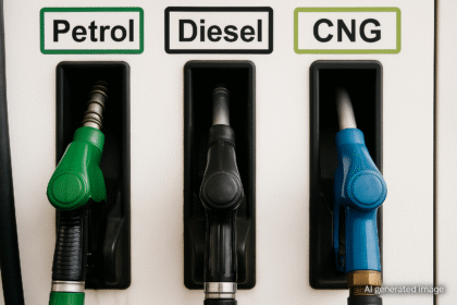 "फ्यूल स्टेशन पर तीन फ्यूल नोज़ल से पेट्रोल, डीज़ल और CNG डिस्पेंस करते हुए – भारत में आज के फ्यूल प्राइस पर आधारित लेख की प्रतिनिधि छवि। (यह छवि AI द्वारा जनरेट की गई है और केवल इलस्ट्रेशन उद्देश्य के लिए है।)"