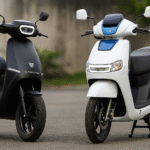 AI-generated image showing two modern electric scooters side by side – Ola Electric S1X and TVS iQube – parked outdoors in a clean urban setting. This is an illustrative thumbnail image, not an actual product photo.