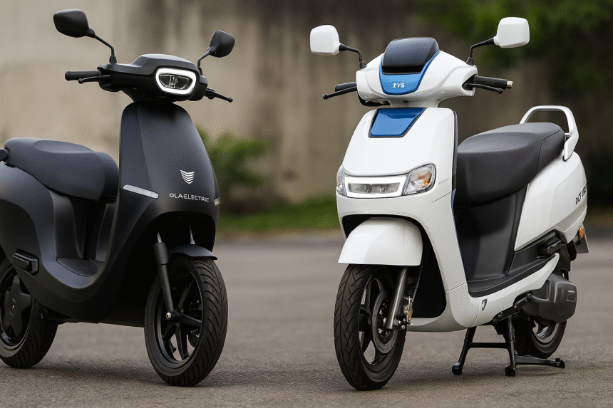 AI-generated image showing two modern electric scooters side by side – Ola Electric S1X and TVS iQube – parked outdoors in a clean urban setting. This is an illustrative thumbnail image, not an actual product photo.