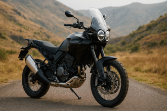 "AI generated image showing the next-generation Ducati DesertX adventure motorcycle being tested on-road, featuring a redesigned engine and upgraded components. Disclaimer: This thumbnail image is AI-generated and not an actual spy shot."