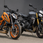 KTM 1390 Super Duke vs Triumph Speed Triple RX side-by-side comparison image showing both high-performance superbikes in India on a highway background.