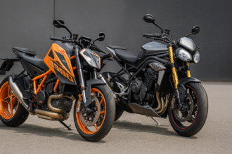 KTM 1390 Super Duke vs Triumph Speed Triple RX side-by-side comparison image showing both high-performance superbikes in India on a highway background.