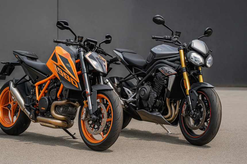 KTM 1390 Super Duke vs Triumph Speed Triple RX side-by-side comparison image showing both high-performance superbikes in India on a highway background.