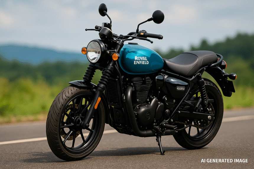 AI generated image of a Royal Enfield Hunter 350 motorcycle, showcasing its modern retro design, fuel tank, and roadster styling. This is a digitally created representation and may not accurately reflect the real product. (AI generated image disclaimer)"
