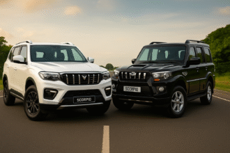 A 3D-rendered digital image showing Mahindra Scorpio N vs Scorpio Classic SUVs side by side on an Indian road backdrop.