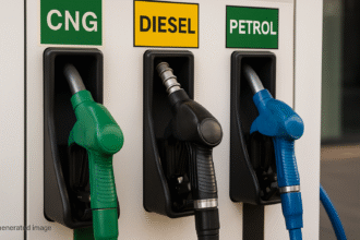 A fuel station scene showing petrol, diesel and CNG pumps in India, representing daily fuel price update. (AI-generated illustrative image, not an actual fuel station photo)