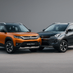 Maruti Suzuki Brezza vs Tata Nexon 2025 parked side by side — representing India’s top compact SUVs with bold modern design and LED headlamps.