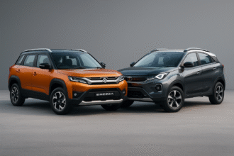 Maruti Suzuki Brezza vs Tata Nexon 2025 parked side by side — representing India’s top compact SUVs with bold modern design and LED headlamps.