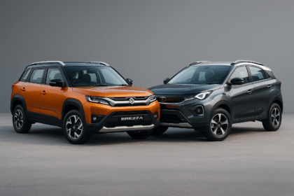 Maruti Suzuki Brezza vs Tata Nexon 2025 parked side by side — representing India’s top compact SUVs with bold modern design and LED headlamps.