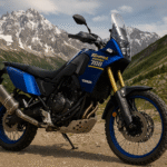 High-resolution digital photograph of Yamaha Tenere 700 World Raid 2026 adventure bike showcasing upgraded design and dual-fuel tank — focus on long-range performance and off-road capability.