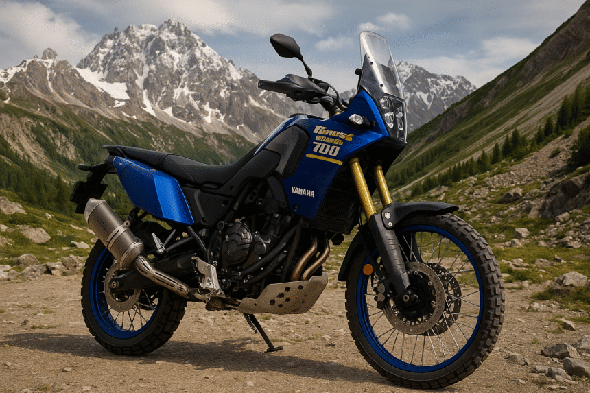 High-resolution digital photograph of Yamaha Tenere 700 World Raid 2026 adventure bike showcasing upgraded design and dual-fuel tank — focus on long-range performance and off-road capability.
