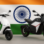 Ola Electric Portfolio 2025:Ola Electric scooter and Ola Roadster bike with Indian flag background — representing India’s growing electric mobility revolution in 2025.