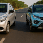A high-resolution photograph featuring an electric car and a CNG car on an Indian highway with national flag colors in the background, representing the comparison between CNG vs EV vehicles in India.