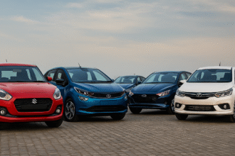 Top 5 hatchback cars in India 2025 — A high-resolution image showcasing five popular hatchback models including Maruti Swift, Tata Altroz, Hyundai i20, Maruti Baleno, and Toyota Glanza, representing India's best compact car lineup.