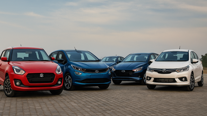 Top 5 hatchback cars in India 2025 — A high-resolution image showcasing five popular hatchback models including Maruti Swift, Tata Altroz, Hyundai i20, Maruti Baleno, and Toyota Glanza, representing India's best compact car lineup.