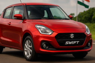Maruti Swift Mileage 2025-Maruti Swift 2025 new model in red color parked on Indian road — highlighting best-in-class mileage, CNG version, and fuel-efficient Z-series engine.