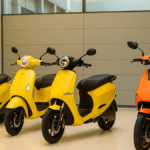 A high-resolution digital photograph showcases New Electric Scooters in India 2025, including models from Ola, Ather, TVS, Hero, and Bajaj, parked in a modern EV showroom setting.