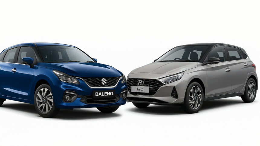 A high-resolution image showing Maruti Suzuki Baleno and Hyundai i20 side by side for comparison — Maruti Suzuki Baleno vs Hyundai i20 2025