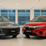 Hyundai Verna vs Honda City Hindi Comparison — दोनों सेडान आमने-सामने शो-रूम बैकग्राउंड में, 2025 मॉडल तुलना के लिए हाई-क्वालिटी फोटो
