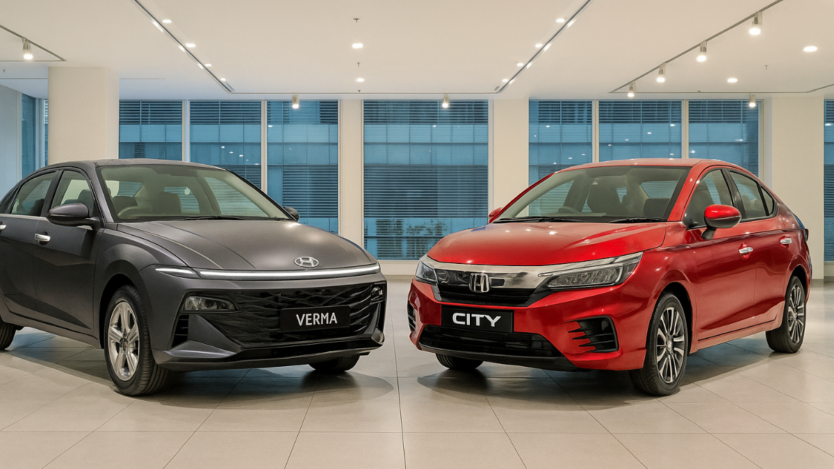 Hyundai Verna vs Honda City Hindi Comparison — दोनों सेडान आमने-सामने शो-रूम बैकग्राउंड में, 2025 मॉडल तुलना के लिए हाई-क्वालिटी फोटो