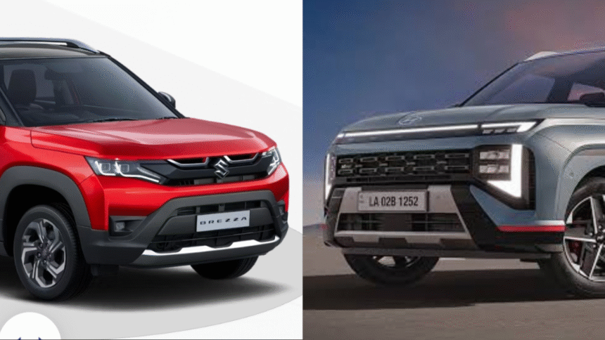 Hyundai Venue N Line vs Maruti Suzuki Brezza ZXi+ side-by-side front view during daylight — compact SUV comparison by Automobile9