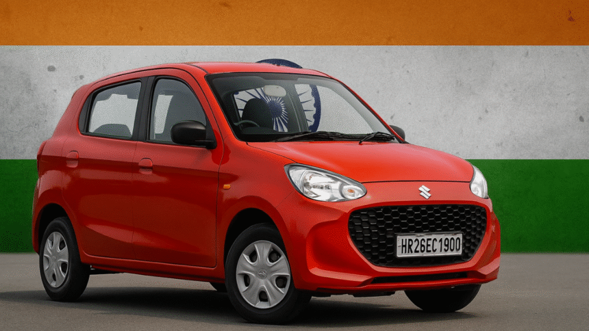 Maruti Suzuki Alto K10 Price 2025 — भारतीय सड़क पर चलती लाल Alto K10 कार, पीछे भारतीय तिरंगे का बैकग्राउंड